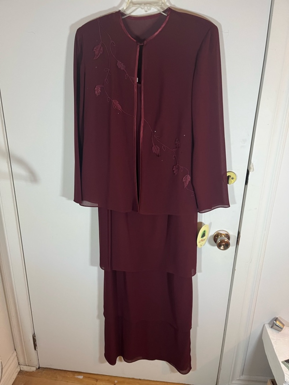 Elegant Burgundy Layered Dress with Embroidered Leaves